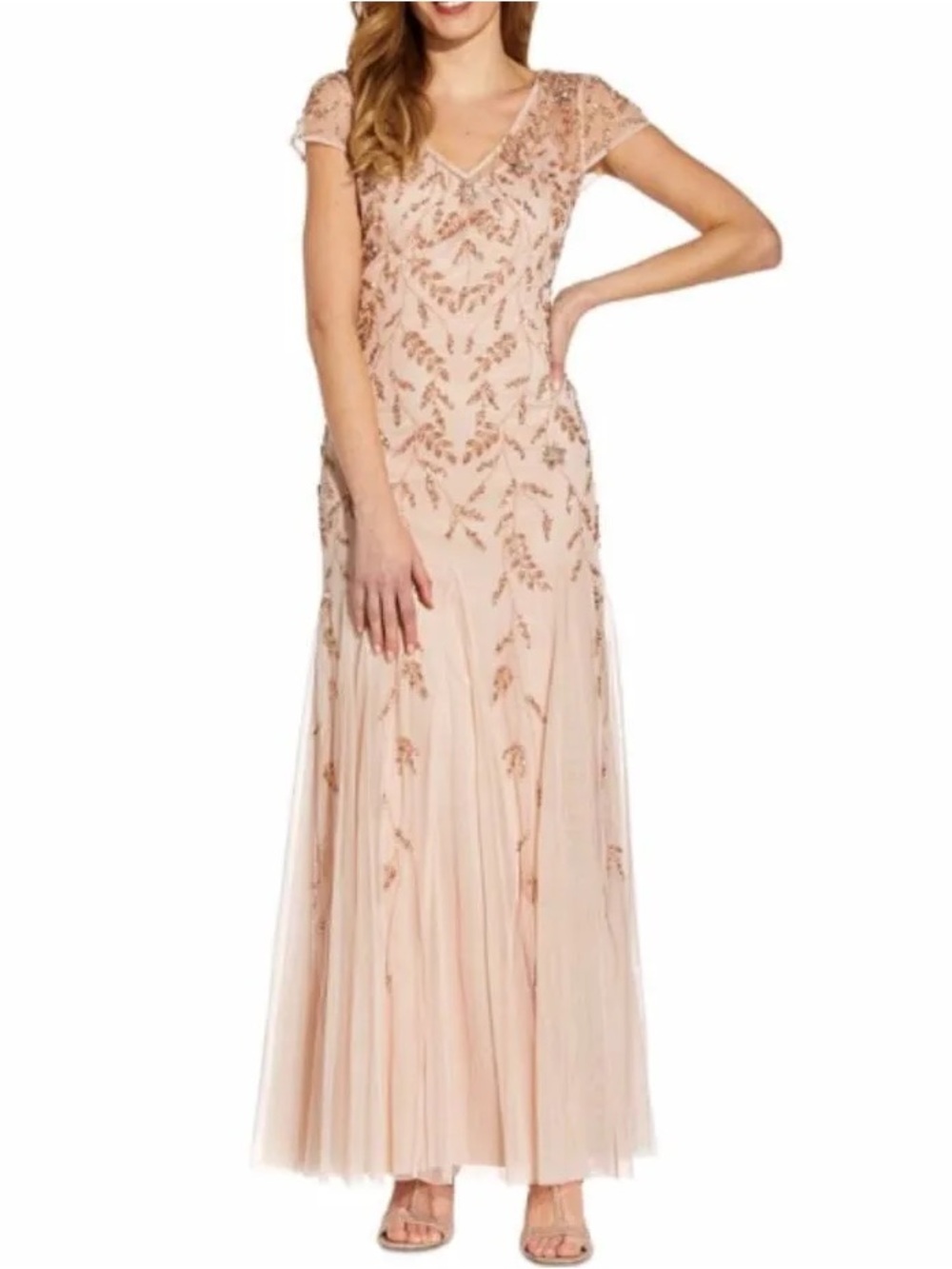 NWT $299 Adrianna Papell Beaded Godet Blush Sequin-Embellished Maxi Gown